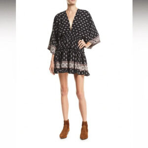 MISA Los Angeles Neily Printed V-Neck Flounce Mini Dress Blouson Tie Back Kimono